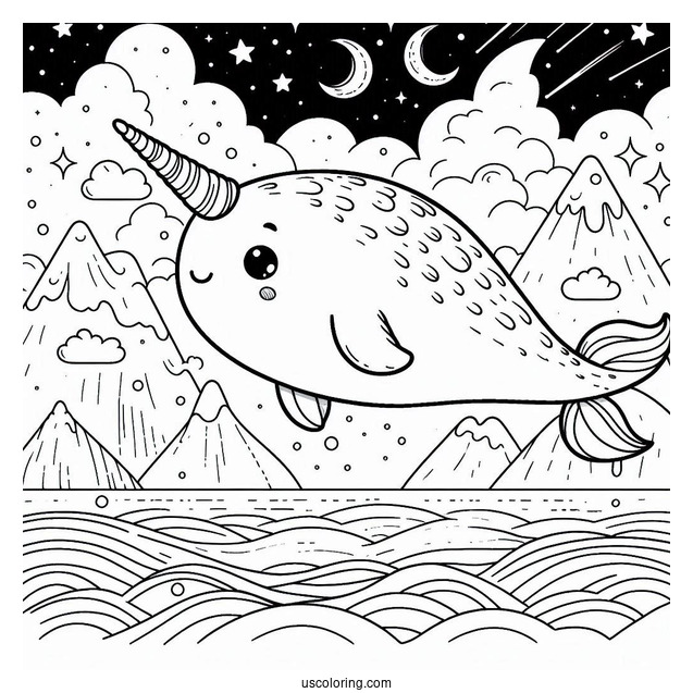 Cute Narwhal Coloring Page Flying In The Night Sky