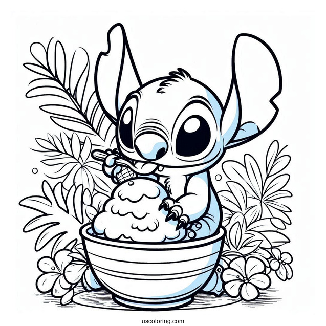Stitch Playing In a Bowl Of Ice Cream To Color