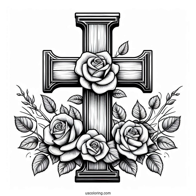 Wooden Cross With Roses To Color