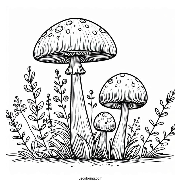 Beautiful Mushroom Coloring Page Growing With Weeds