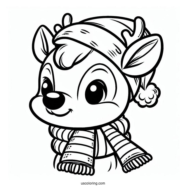 Easy Rudolph Coloring Page Wearing A Santa Hat And A Scarf