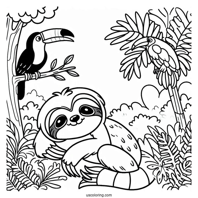 Simple Sloth, Tiger, And Toucan In The Jungle Coloring Page For Kids