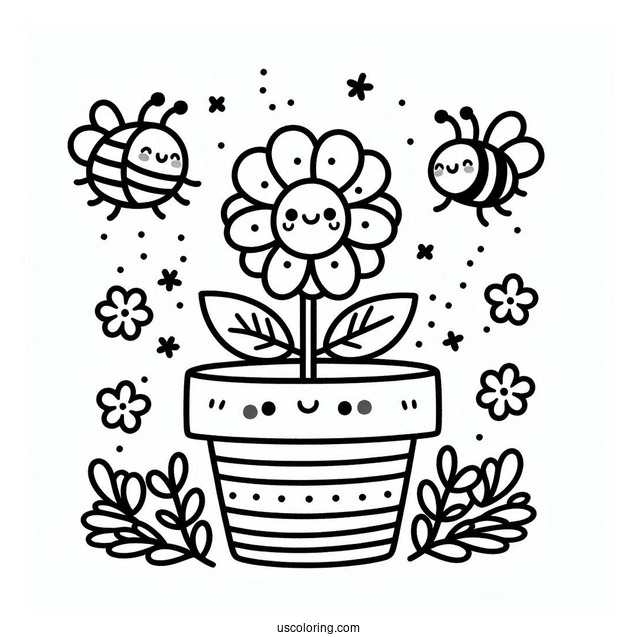 Spring Coloring Page Kawaii Flower Pot With Bee And Butterfly For Kids