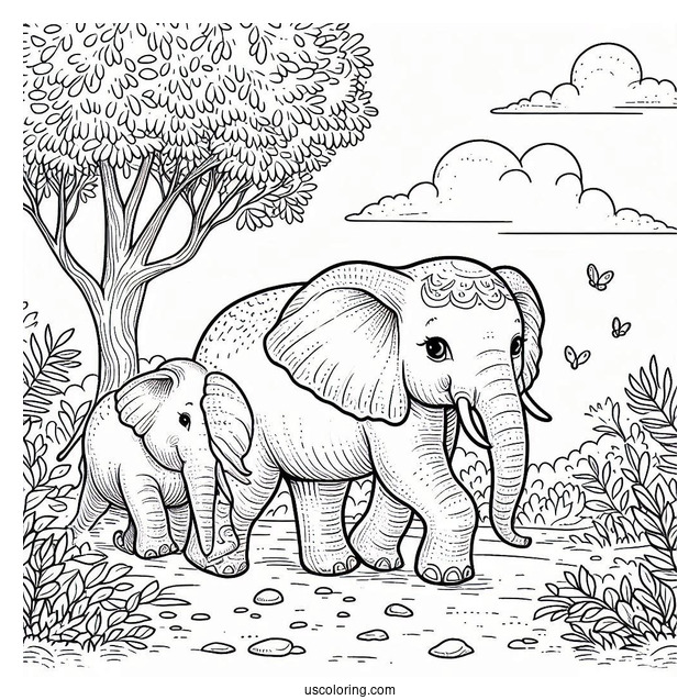 Two Elephants Walking In The Wild Coloring