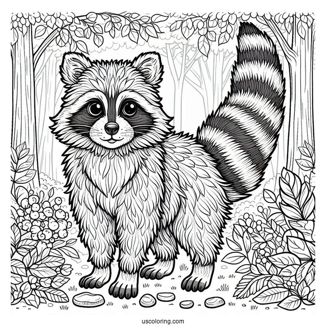 Detailed Furry Raccoon Coloring Page In A Forest