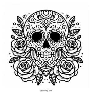 Easy Sugar Skulls Coloring Page With Roses For Kids