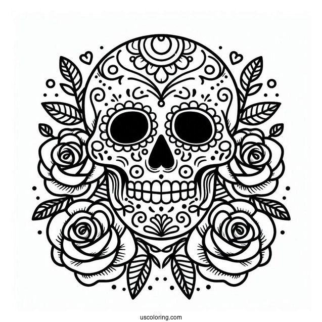 Easy Sugar Skulls Coloring Page With Roses For Kids