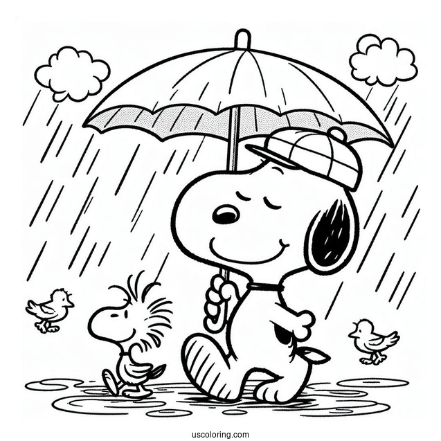 Snoopy And Woodstock Walking Under The Rain Coloring Page