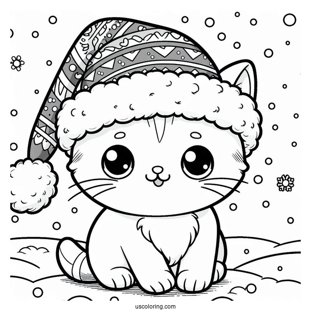 Cute Cat Wearing Santa Hat On Snowy Day