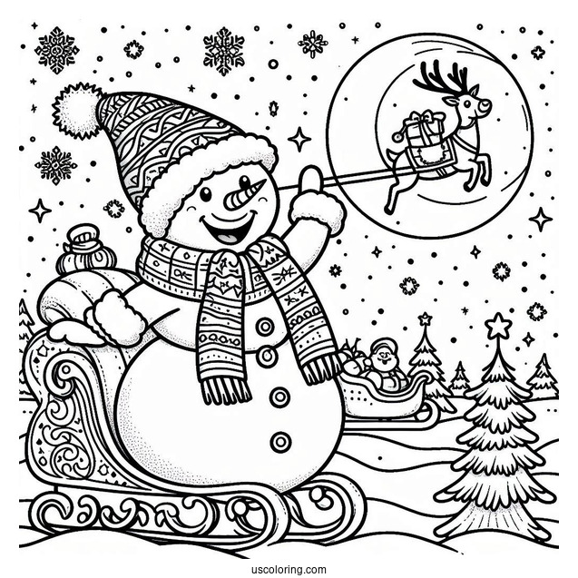 Snowman Waving At Santa On A Sleigh Flying Over The North Pole Coloring Page