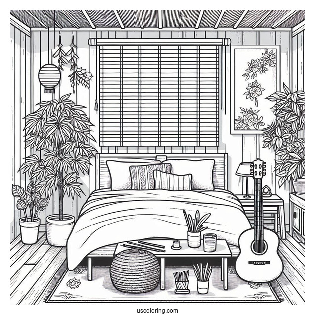 Bedroom Coloring Page Japanese Theme Bedroom With Plants And Guitar