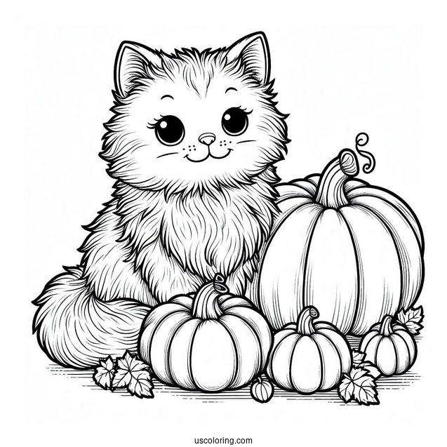 Furry Cat Sitting Next To Pumpkins Coloring Page