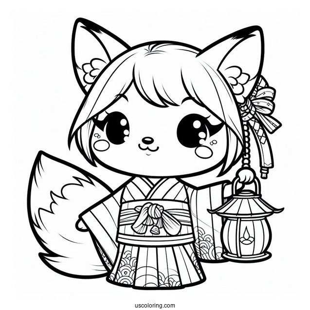 Adorable Chibi Fox Coloring Page In A Kimono Holding A Lantern For Kids