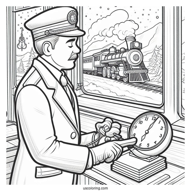 Polar Express Coloring Page Of Simple Conductor Checking The Time For Preschoolers