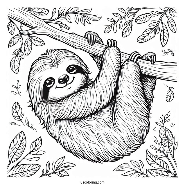 Smiling Sloth Hanging From Tree Branch To Color