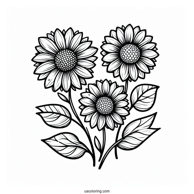 Flower Coloring Pages Of Three Small Sunflowers With Leaves