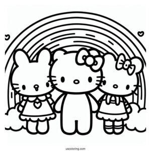 Sanrio Coloring Pages Of Friends In Front Of Rainbow