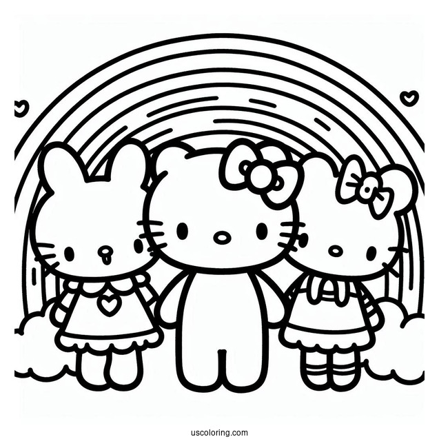 Sanrio Coloring Pages Of Friends In Front Of Rainbow