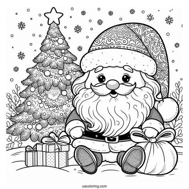 Santa Claus Beside A Christmas Tree On New Year Coloring Page