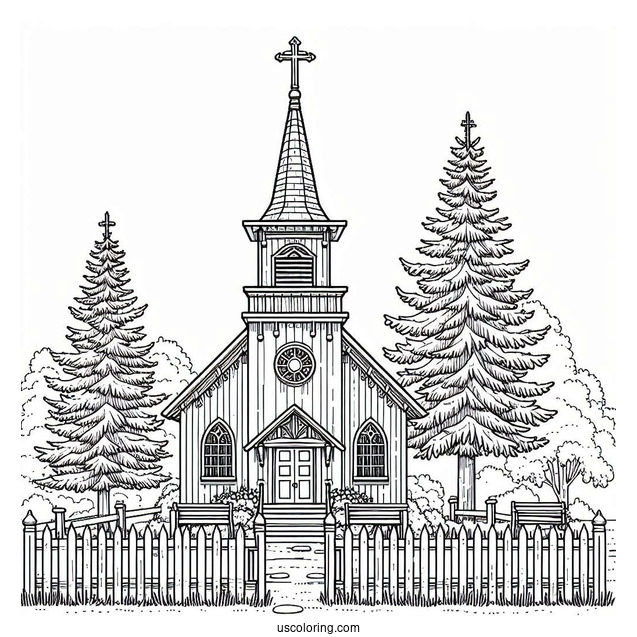 Old Church Coloring Page With A Fence