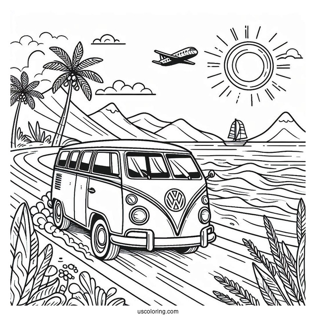 Volkswagen Driving Through A Beach In Summer Coloring Page