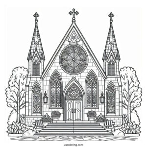 Church Coloring Page With Stained Glass Windows