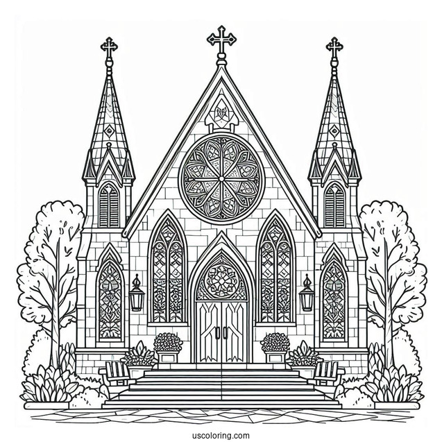 Church Coloring Page With Stained Glass Windows