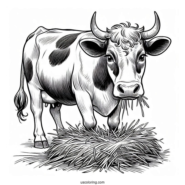 Cow With Horns Eating Hay Coloring Page