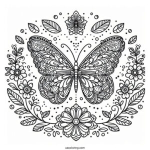 Elegant Butterfly Coloring Page Mandala Surrounded By Flowers