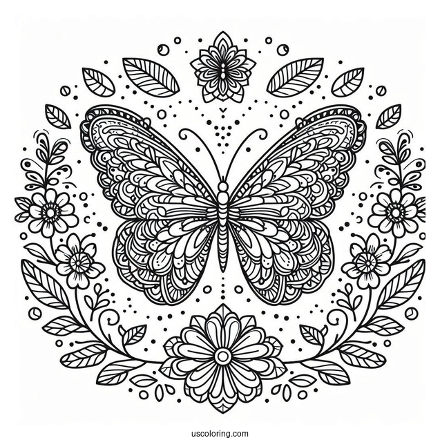 Elegant Butterfly Coloring Page Mandala Surrounded By Flowers