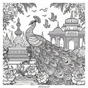 Peacock Coloring Page in Blooming Rose Garden with Architectural Details
