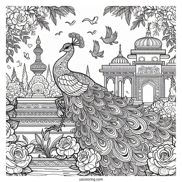 Peacock Coloring Page in Blooming Rose Garden with Architectural Details