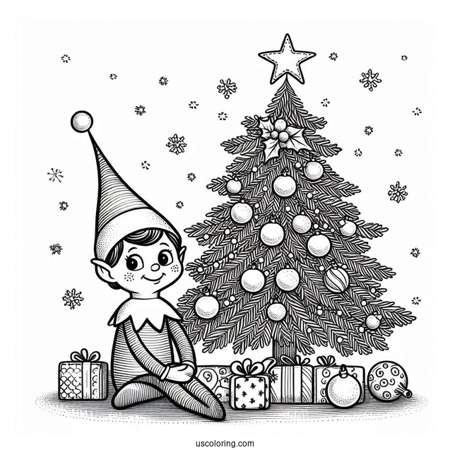 Elf On The Shelf With Christmas Tree To Color