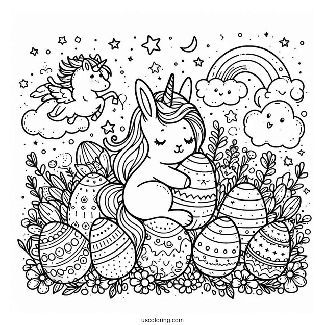 Easter Coloring Page Of Bunny With A Unicorn Surrounded By Easter Eggs