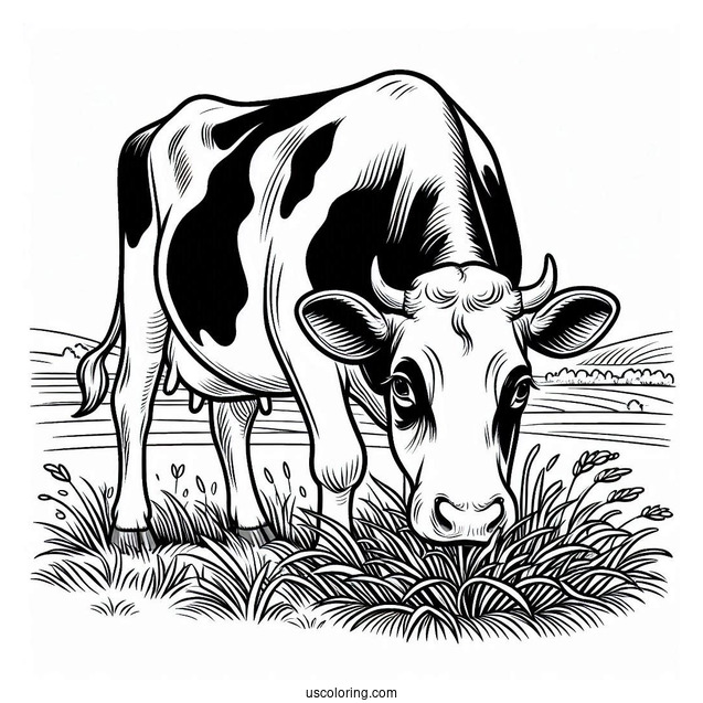 Holstein Cow Eating Grass On Farm Coloring Page