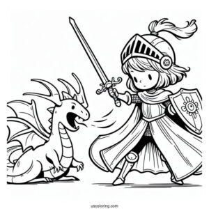 Coloring Sheet Of Girl Knight To Fight Dragon