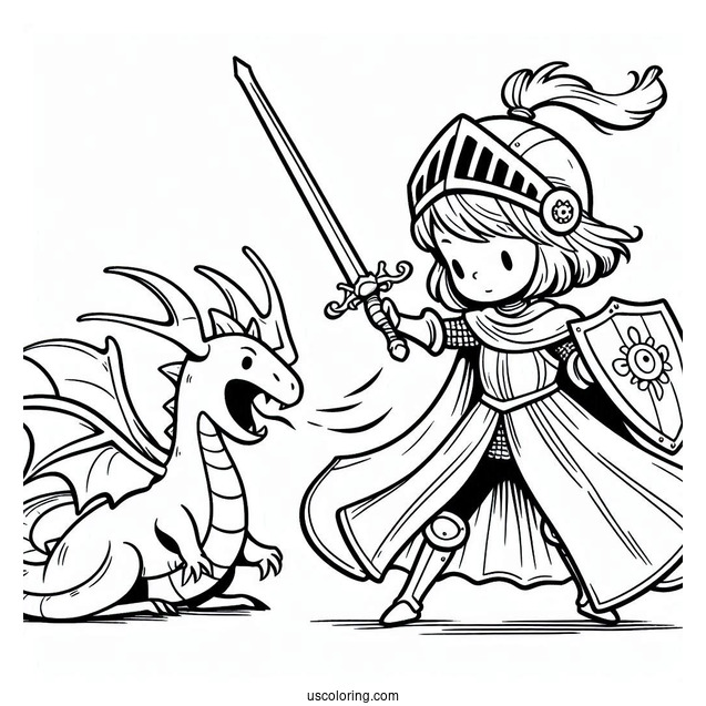 Coloring Sheet Of Girl Knight To Fight Dragon