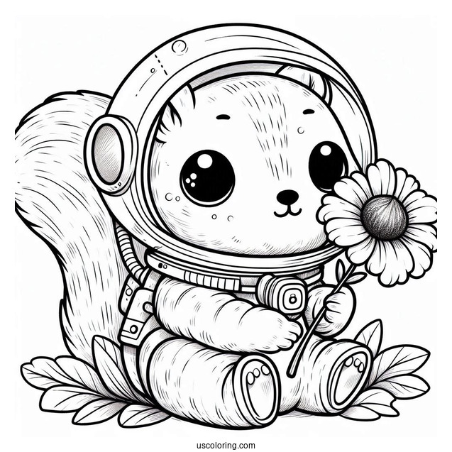 Cute Astronaut Squirrel Coloring Page With Flower And Chestnut