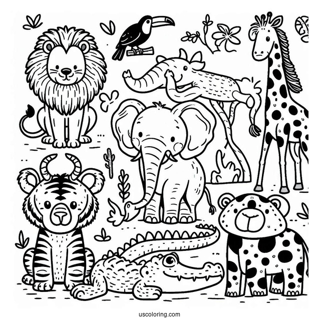 Jungle Coloring Page Of Cute Lion, Buffalo, Crocodile, Zebra, Toucan, Elephant, Giraffe, And Monkey