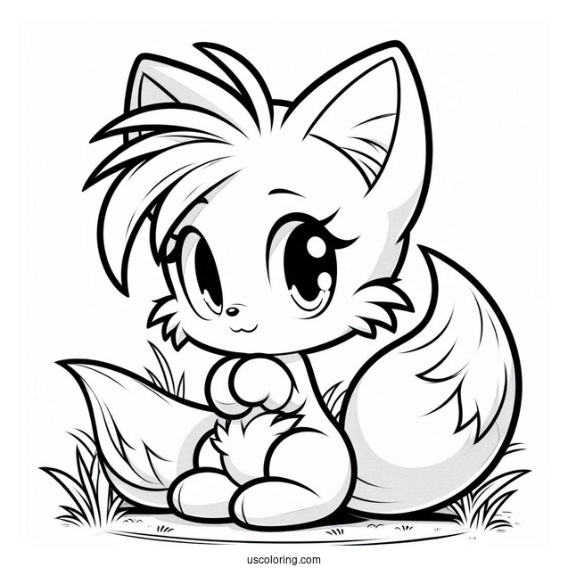 Cute Tails Coloring Page Sitting On Grass