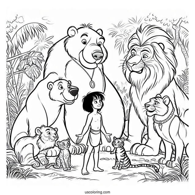 Jungle Book Coloring Page Of Mowgli, Baloo, King Louie, Shere Khan, And Kaa