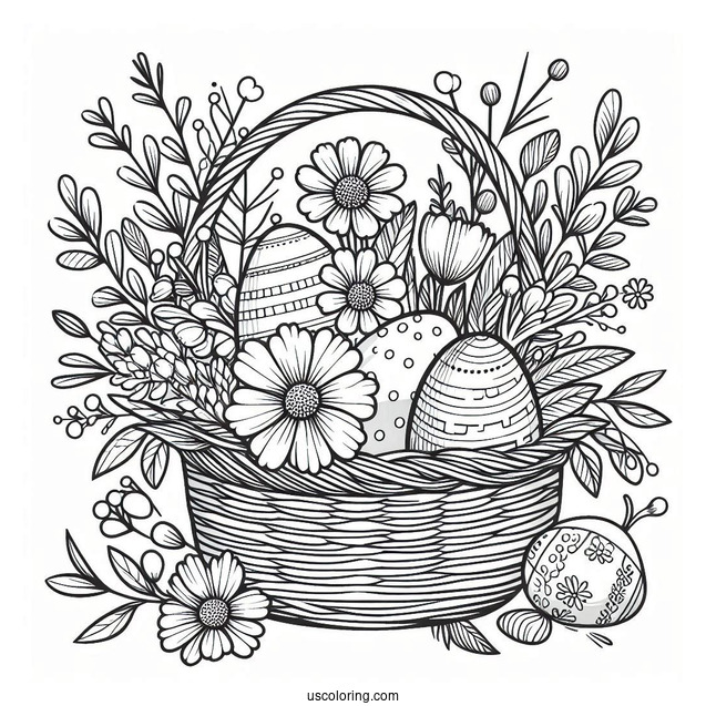 Easter Coloring Page Of Floral Happy Easter Basket With Eggs