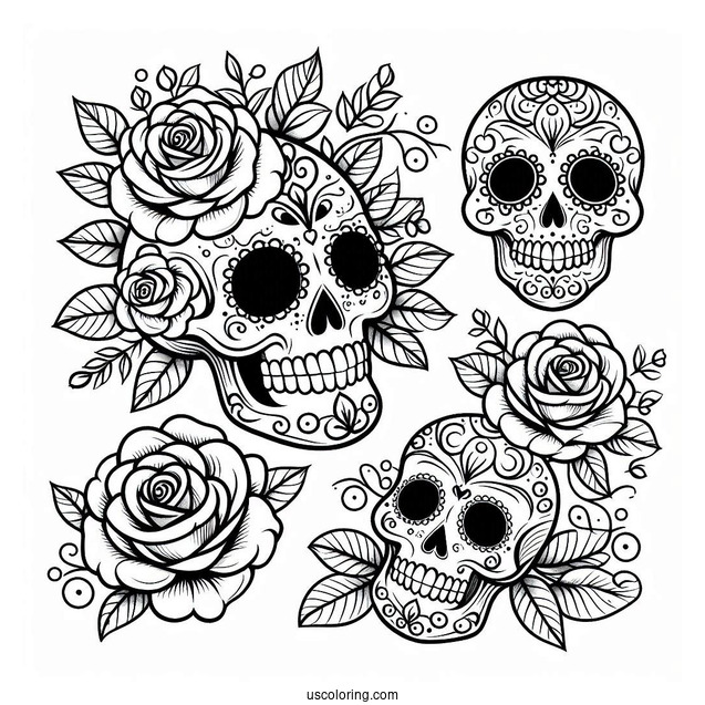 Easy Sugar Skulls Coloring Page With Roses For Kids