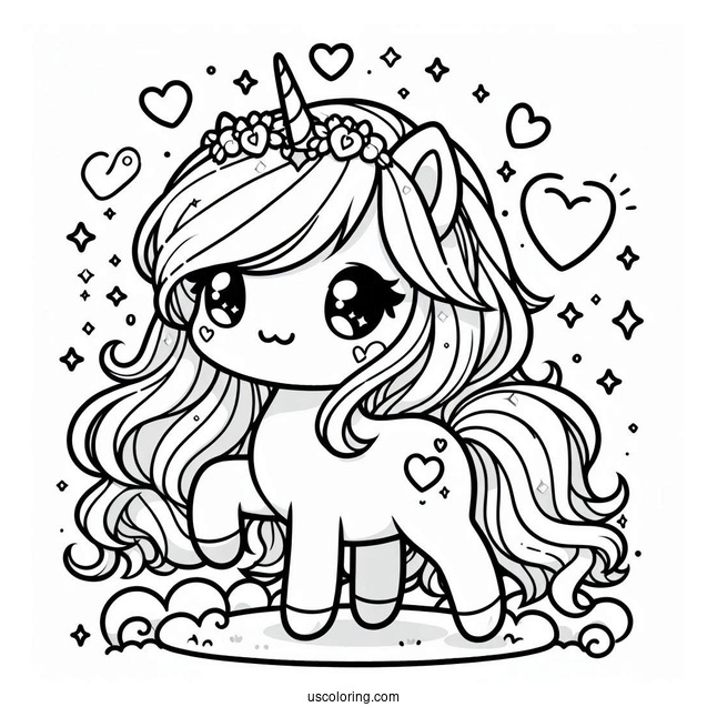 Chibi Unicorn Princess With Love Hearts And Sparkles Coloring Page