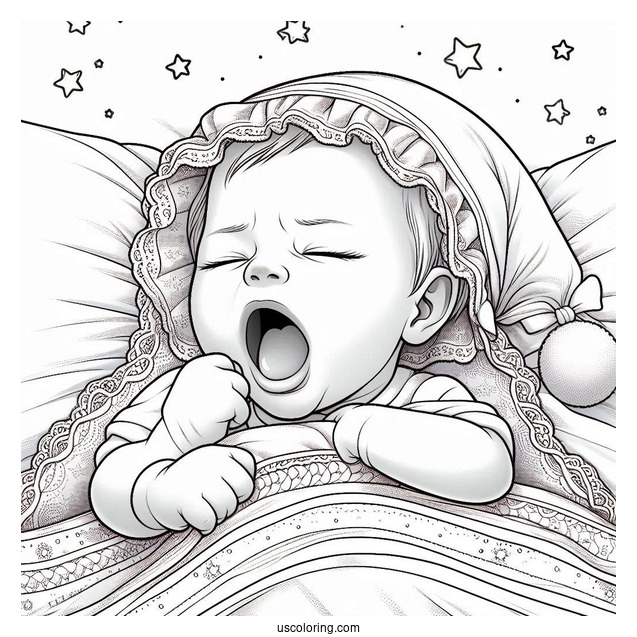 Realistic Baby Coloring Page Yawning Under The Blanket