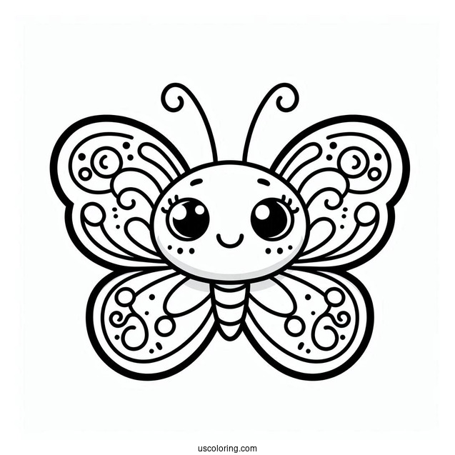 Smiling Cartoon Butterfly Coloring Page With Curly Antennae For Kids