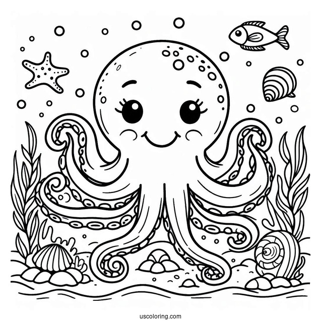Grinning Cartoon Octopus Coloring Page In The Sea With Shells