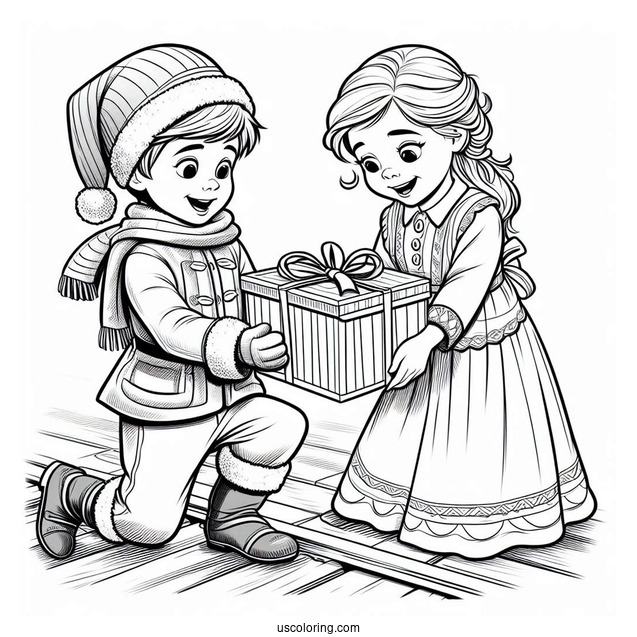 Polar Express Coloring Page Of Hero Boy And Sister Opening A Present