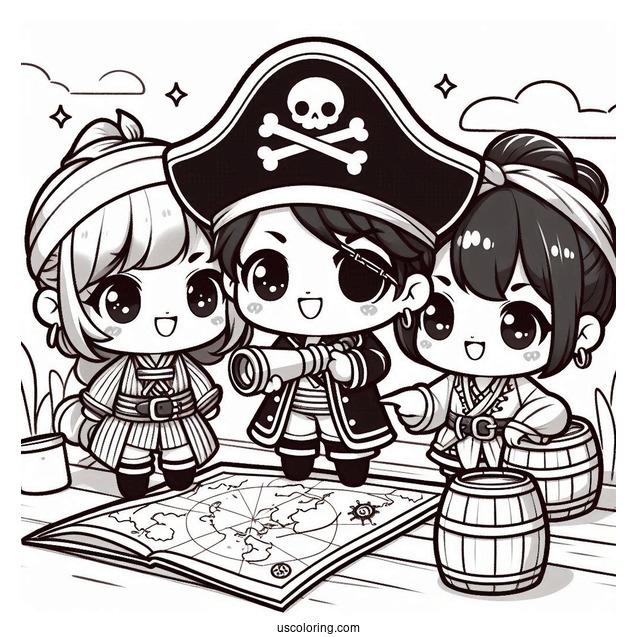 Three Chibi Pirate Coloring Page On Deck With A Map And A Telescope