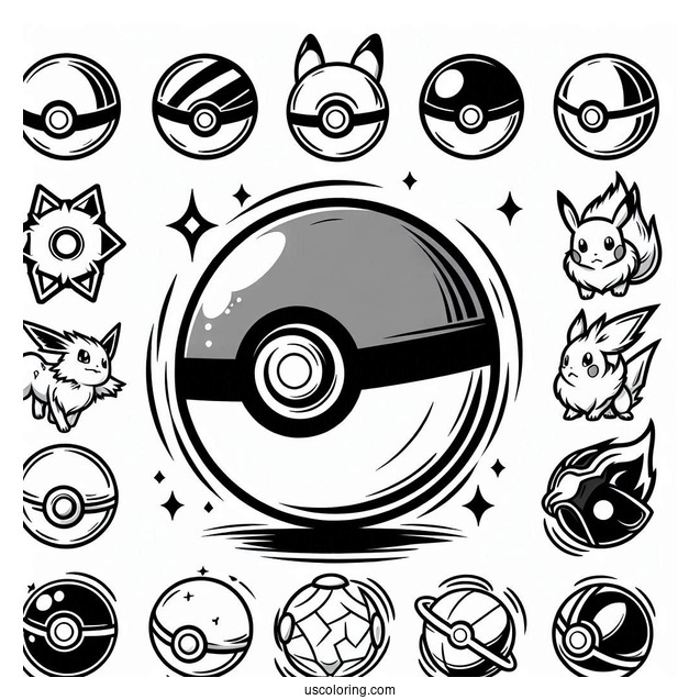Full Page Pokéball Coloring Page In Different Designs